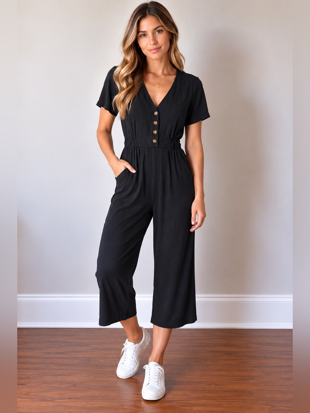Smash + Tess Black Short-Sleeve Button-Front Jumpsuit